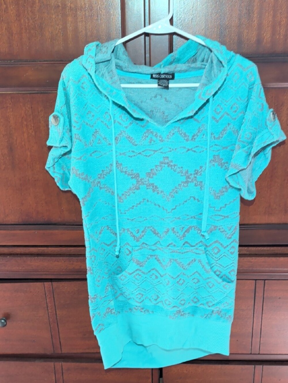 Miss Chievous Teal Knit Hooded Pullover with Front Pocket